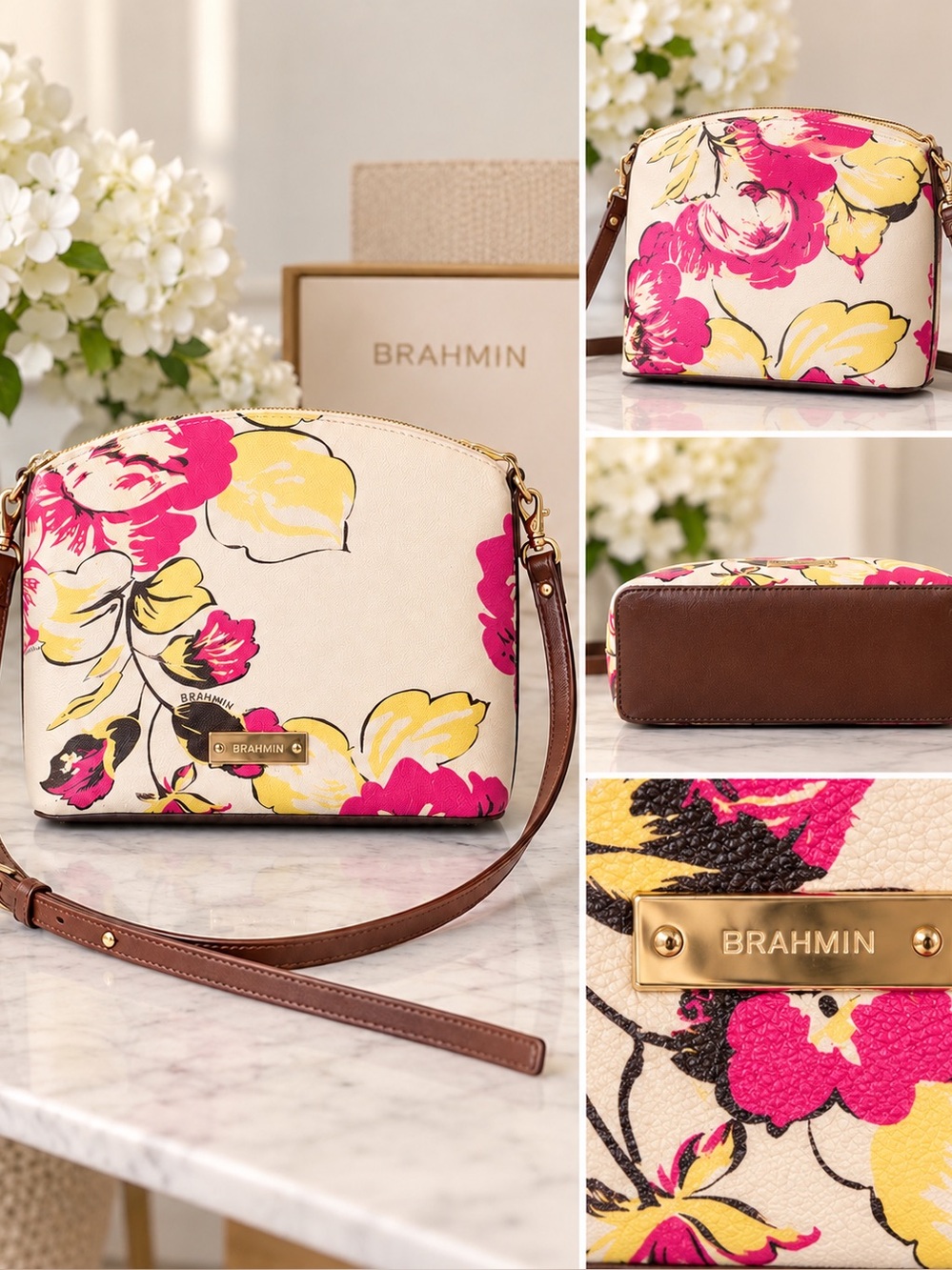 Brahmin floral crossbody purse pink yellow cream
